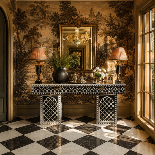 Black Bone Inlay Console Table | Moorish Lattice, 2 Drawers