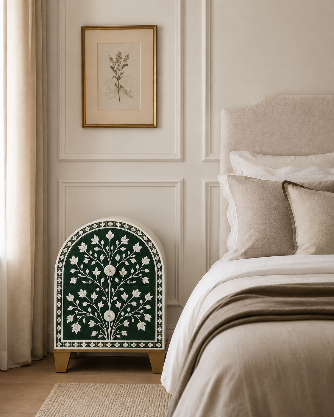 Forest Green Arched Bone Inlay Nightstand | Handcrafted Tree of Life Bedside Table