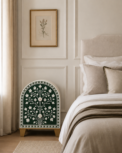 Forest Green Arched Bone Inlay Nightstand | Handcrafted Tree of Life Bedside Table