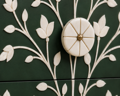 Forest Green Arched Bone Inlay Nightstand | Handcrafted Tree of Life Bedside Table