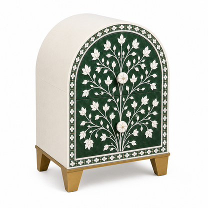 Forest Green Arched Bone Inlay Nightstand | Handcrafted Tree of Life Bedside Table