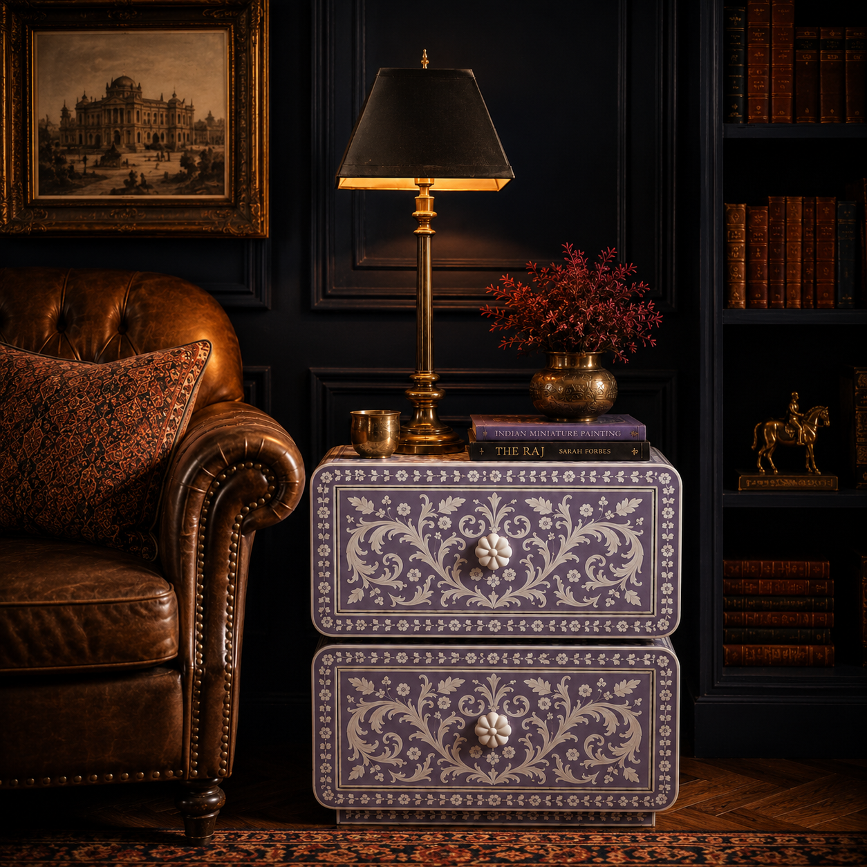 Lavender Bone Inlay Nightstand | Handcrafted 2-Drawer End Table with Floral Motif