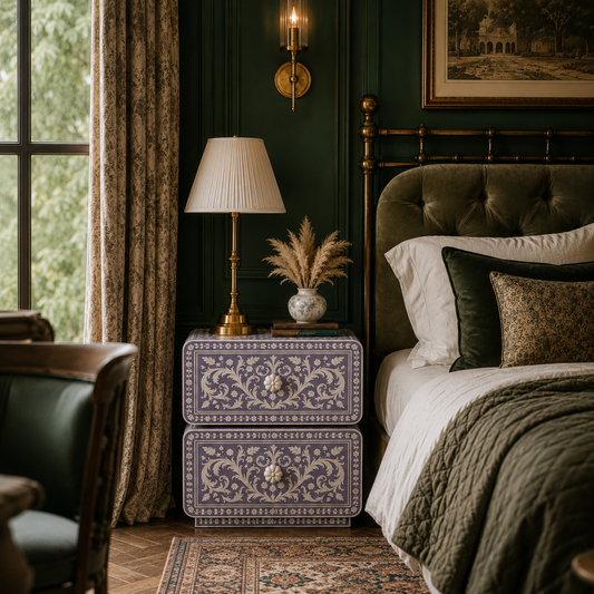 Lavender Bone Inlay Nightstand | Handcrafted 2-Drawer End Table with Floral Motif