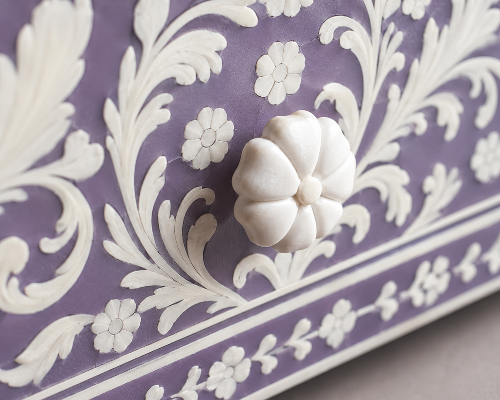 Lavender Bone Inlay Nightstand | Handcrafted 2-Drawer End Table with Floral Motif