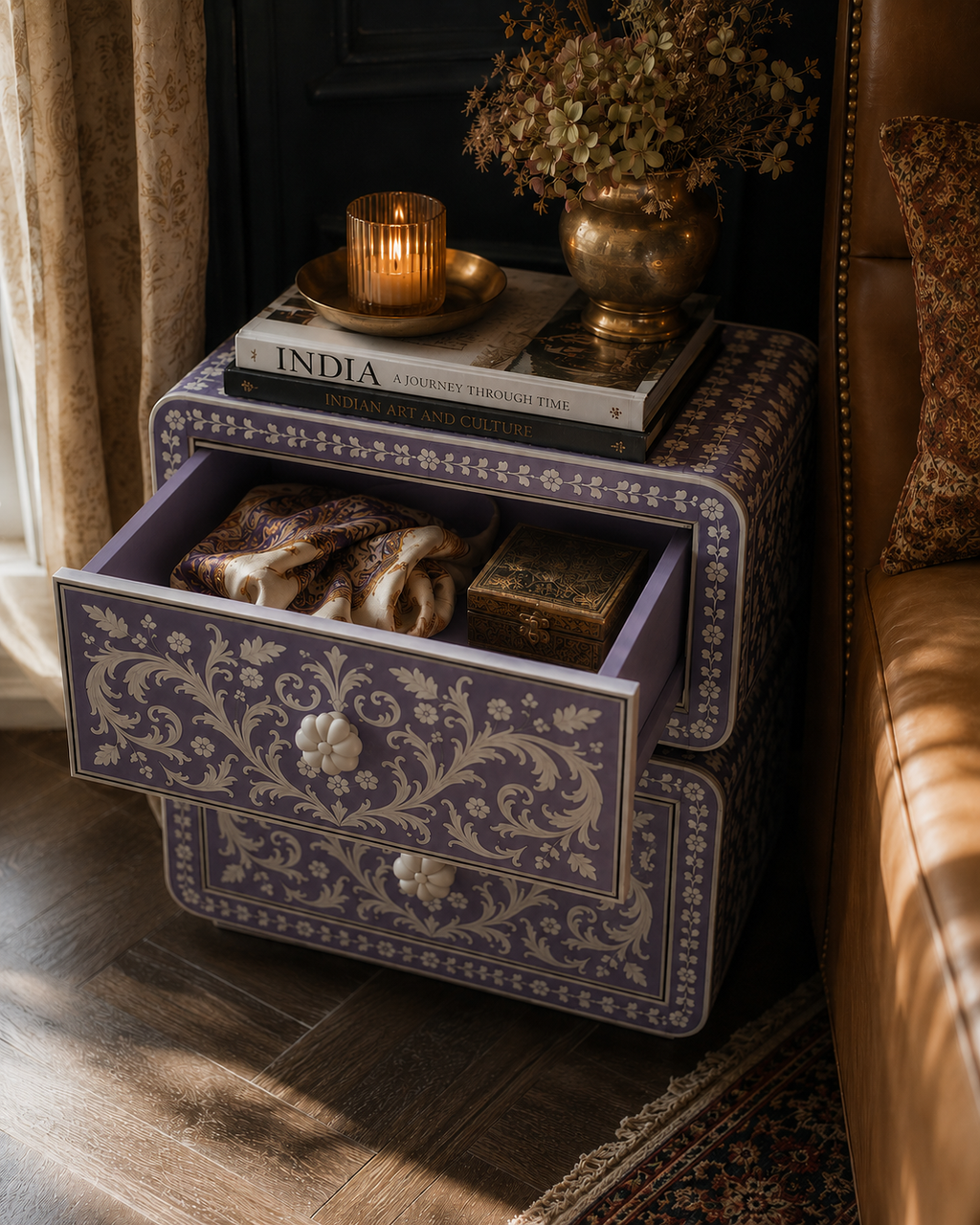Lavender Bone Inlay Nightstand | Handcrafted 2-Drawer End Table with Floral Motif