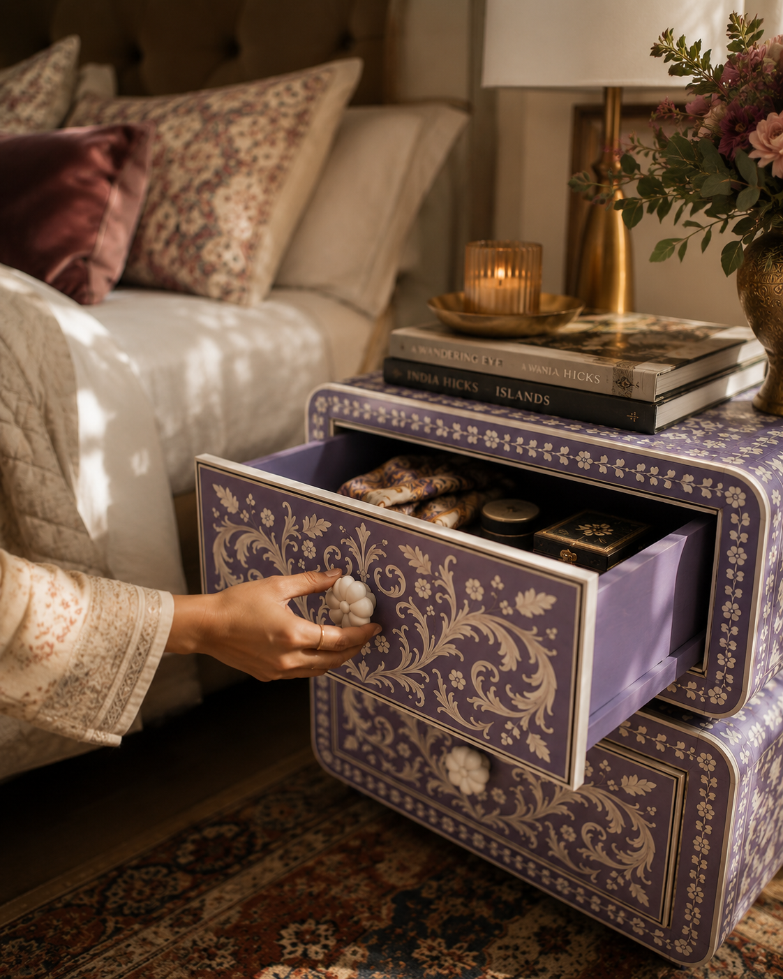 Lavender Bone Inlay Nightstand | Handcrafted 2-Drawer End Table with Floral Motif