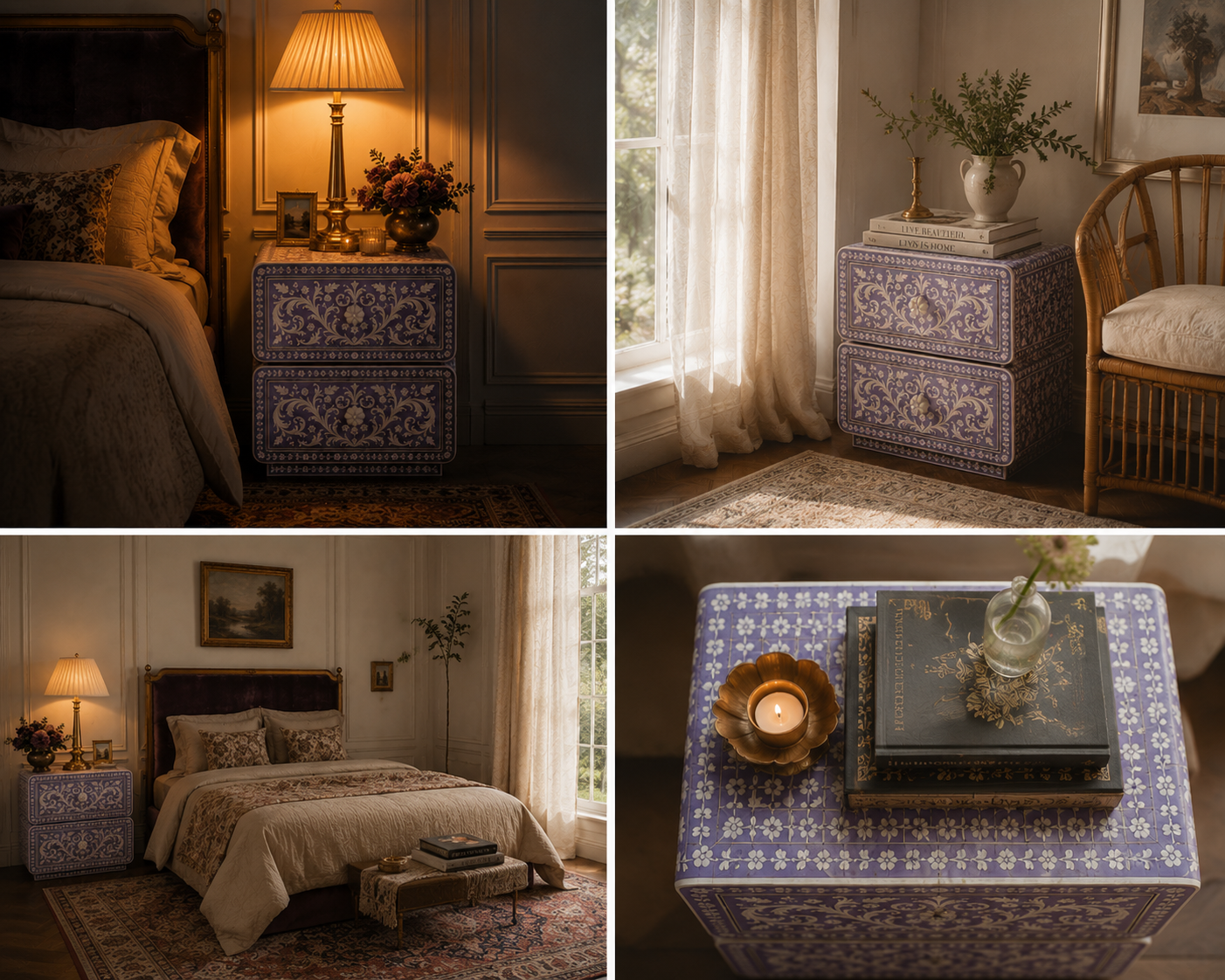 Lavender Bone Inlay Nightstand | Handcrafted 2-Drawer End Table with Floral Motif