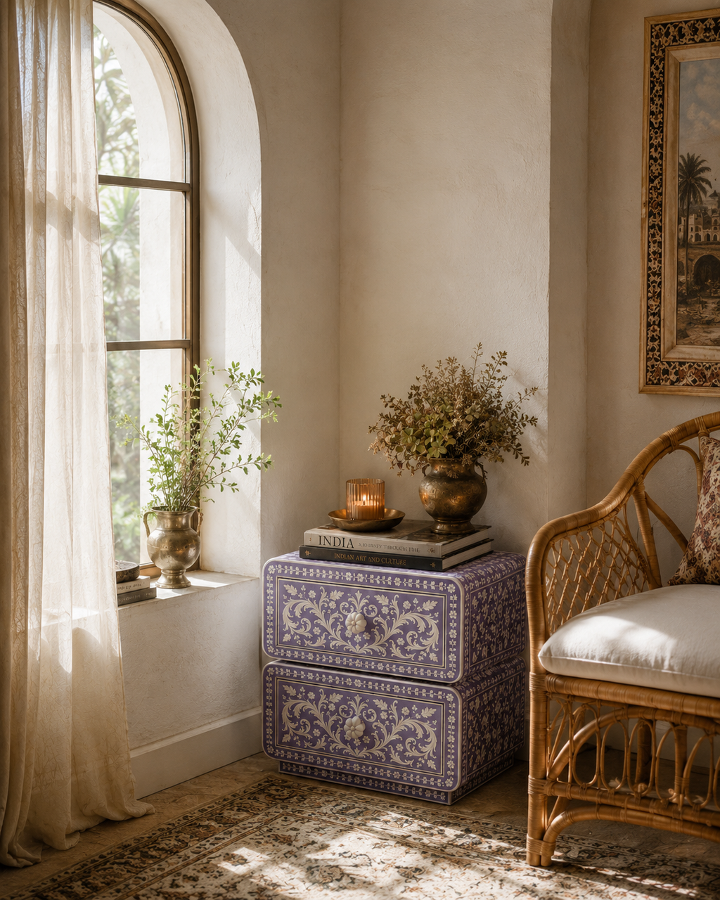 Lavender Bone Inlay Nightstand | Handcrafted 2-Drawer End Table with Floral Motif
