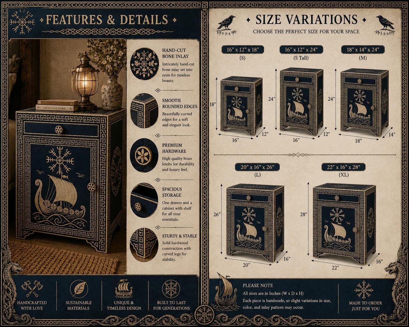 Navy Bone Inlay Nightstand | Nautical Bedside Cabinet with Door