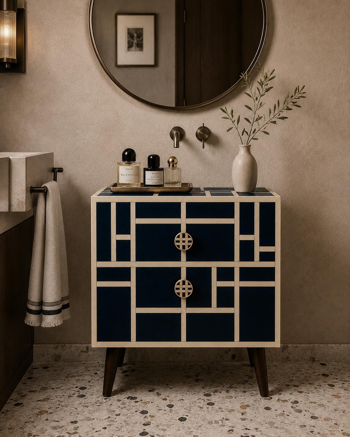 Mid Century Modern Nightstand | Navy Bone Inlay Bedside Table