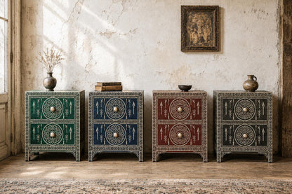 Emerald Green Bone Inlay Nightstand | Moroccan 2-Drawer Table