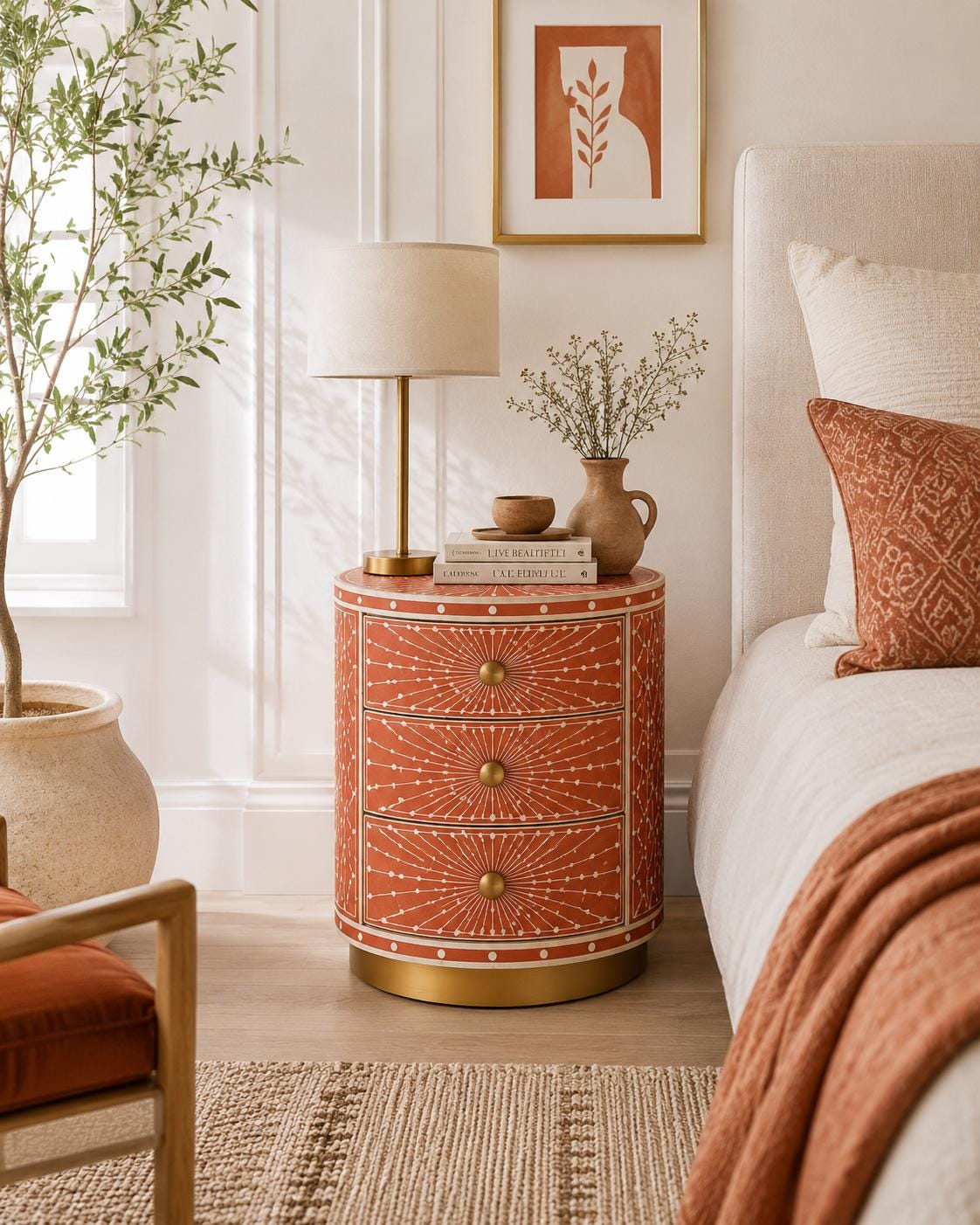 Round Bone Inlay Nightstand | Terracotta 3-Drawer Drum Table