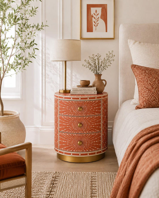 Round Bone Inlay Nightstand | Terracotta 3-Drawer Drum Table
