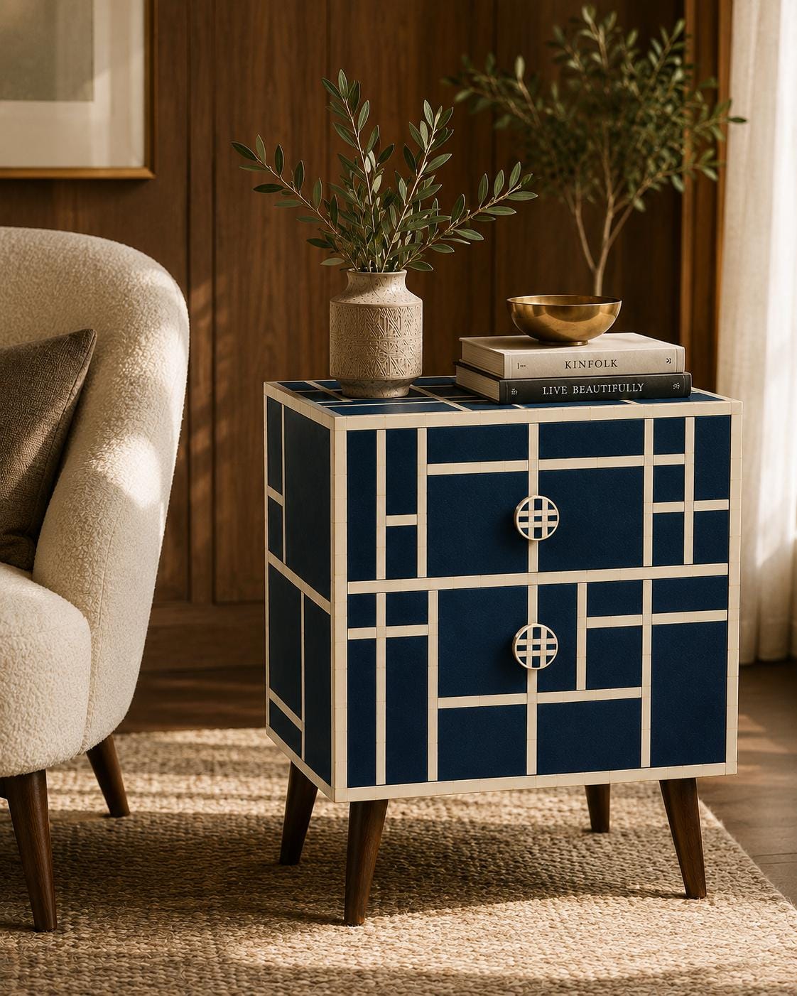 Mid Century Modern Nightstand | Navy Bone Inlay Bedside Table