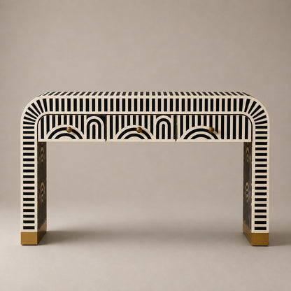 Sky Blue Bone Inlay Console Table | Art Deco Arch, 3 Drawers