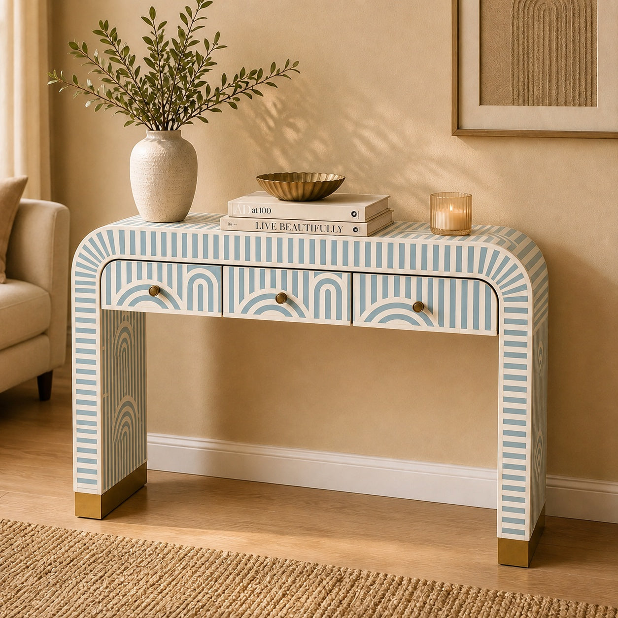 Sky Blue Bone Inlay Console Table | Art Deco Arch, 3 Drawers