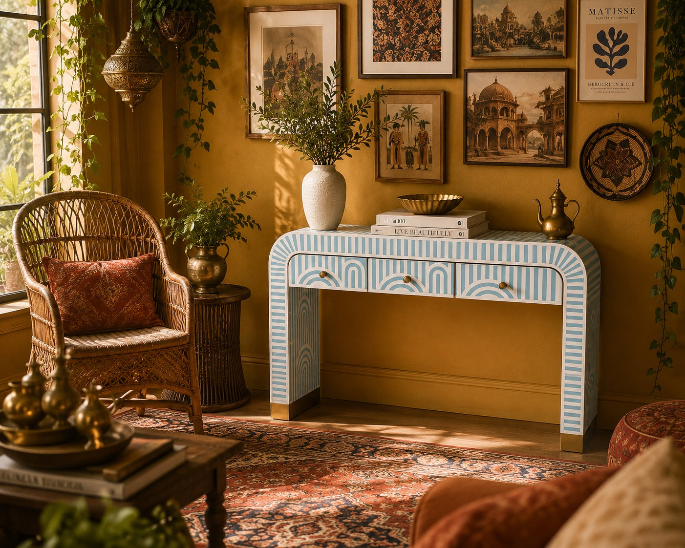 Sky Blue Bone Inlay Console Table | Art Deco Arch, 3 Drawers