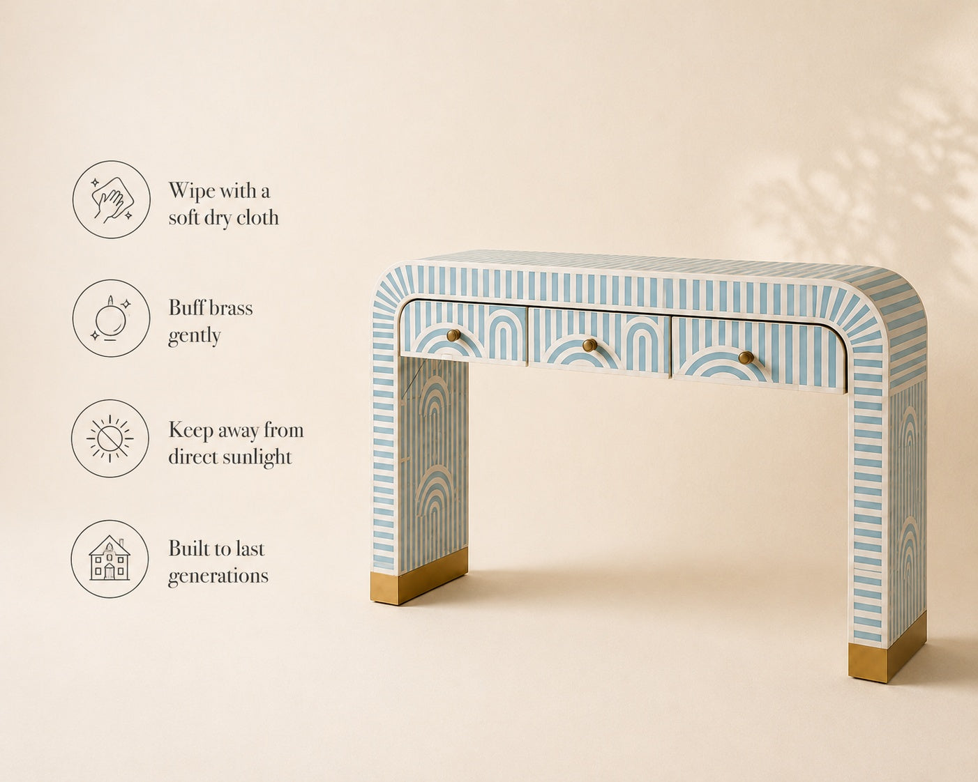 Sky Blue Bone Inlay Console Table | Art Deco Arch, 3 Drawers
