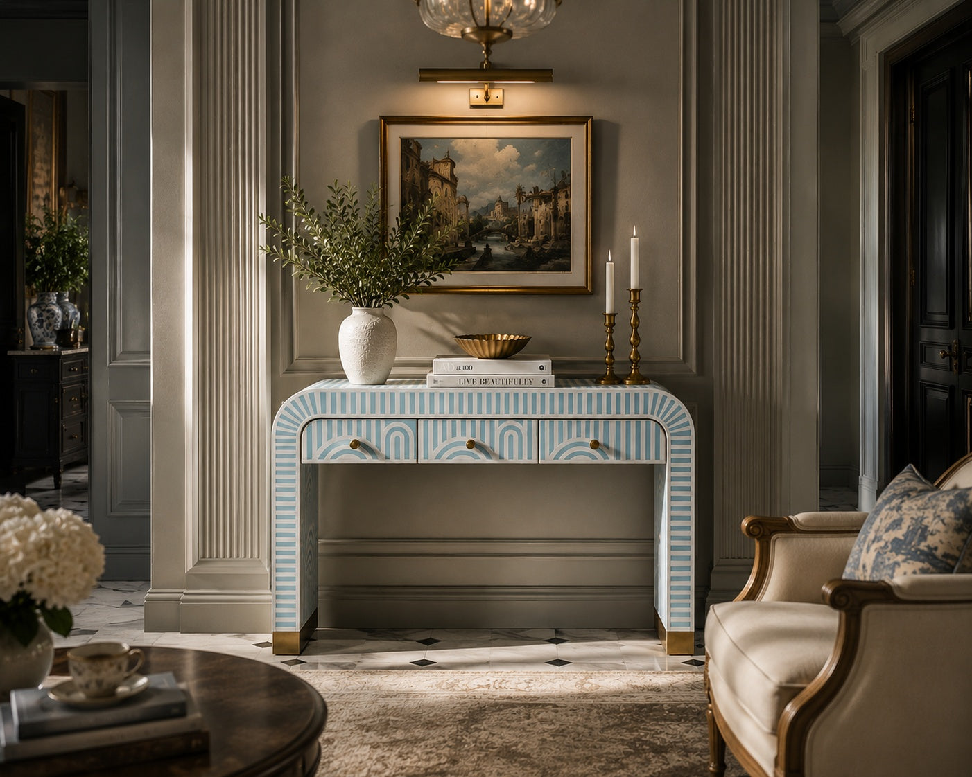 Sky Blue Bone Inlay Console Table | Art Deco Arch, 3 Drawers