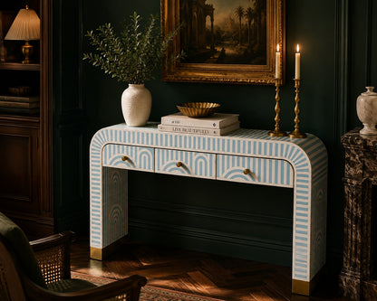Sky Blue Bone Inlay Console Table | Art Deco Arch, 3 Drawers
