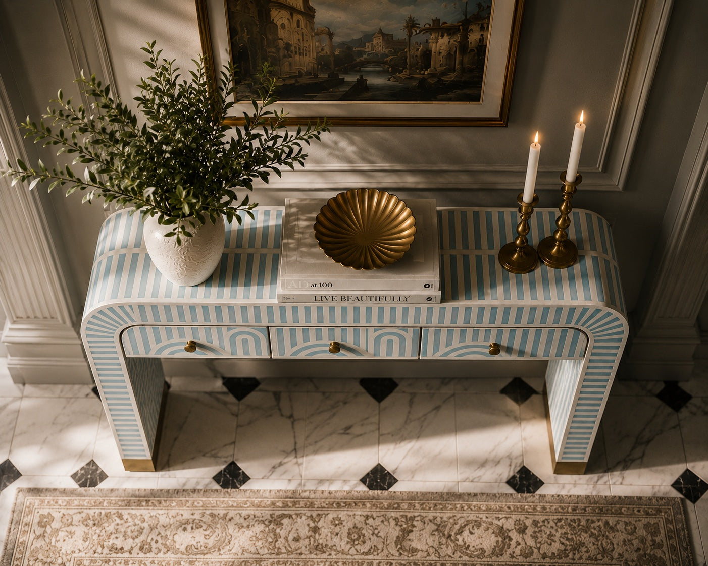 Sky Blue Bone Inlay Console Table | Art Deco Arch, 3 Drawers