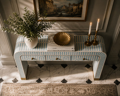 Sky Blue Bone Inlay Console Table | Art Deco Arch, 3 Drawers