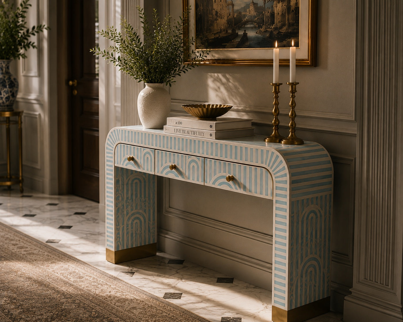 Sky Blue Bone Inlay Console Table | Art Deco Arch, 3 Drawers