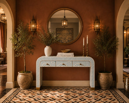 Sky Blue Bone Inlay Console Table | Art Deco Arch, 3 Drawers