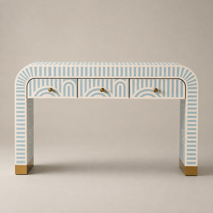 Sky Blue Bone Inlay Console Table | Art Deco Arch, 3 Drawers