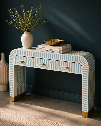 Sky Blue Bone Inlay Console Table | Art Deco Arch, 3 Drawers