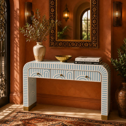 Sky Blue Bone Inlay Console Table | Art Deco Arch, 3 Drawers