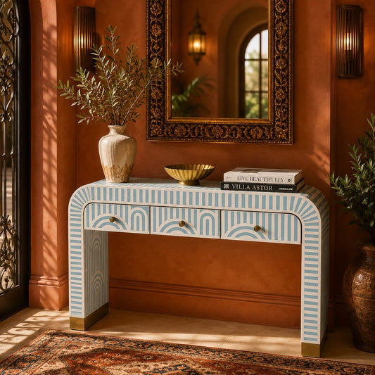 Sky Blue Bone Inlay Console Table | Art Deco Arch, 3 Drawers