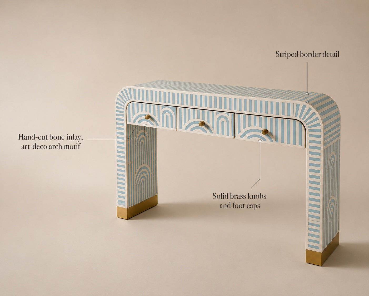 Sky Blue Bone Inlay Console Table | Art Deco Arch, 3 Drawers
