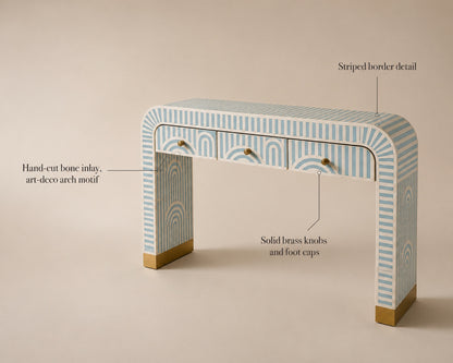 Sky Blue Bone Inlay Console Table | Art Deco Arch, 3 Drawers