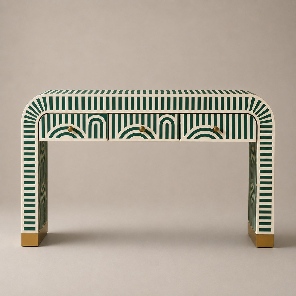 Sky Blue Bone Inlay Console Table | Art Deco Arch, 3 Drawers