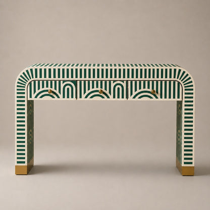 Sky Blue Bone Inlay Console Table | Art Deco Arch, 3 Drawers