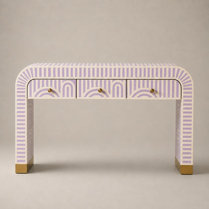 Sky Blue Bone Inlay Console Table | Art Deco Arch, 3 Drawers
