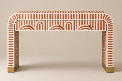 Sky Blue Bone Inlay Console Table | Art Deco Arch, 3 Drawers