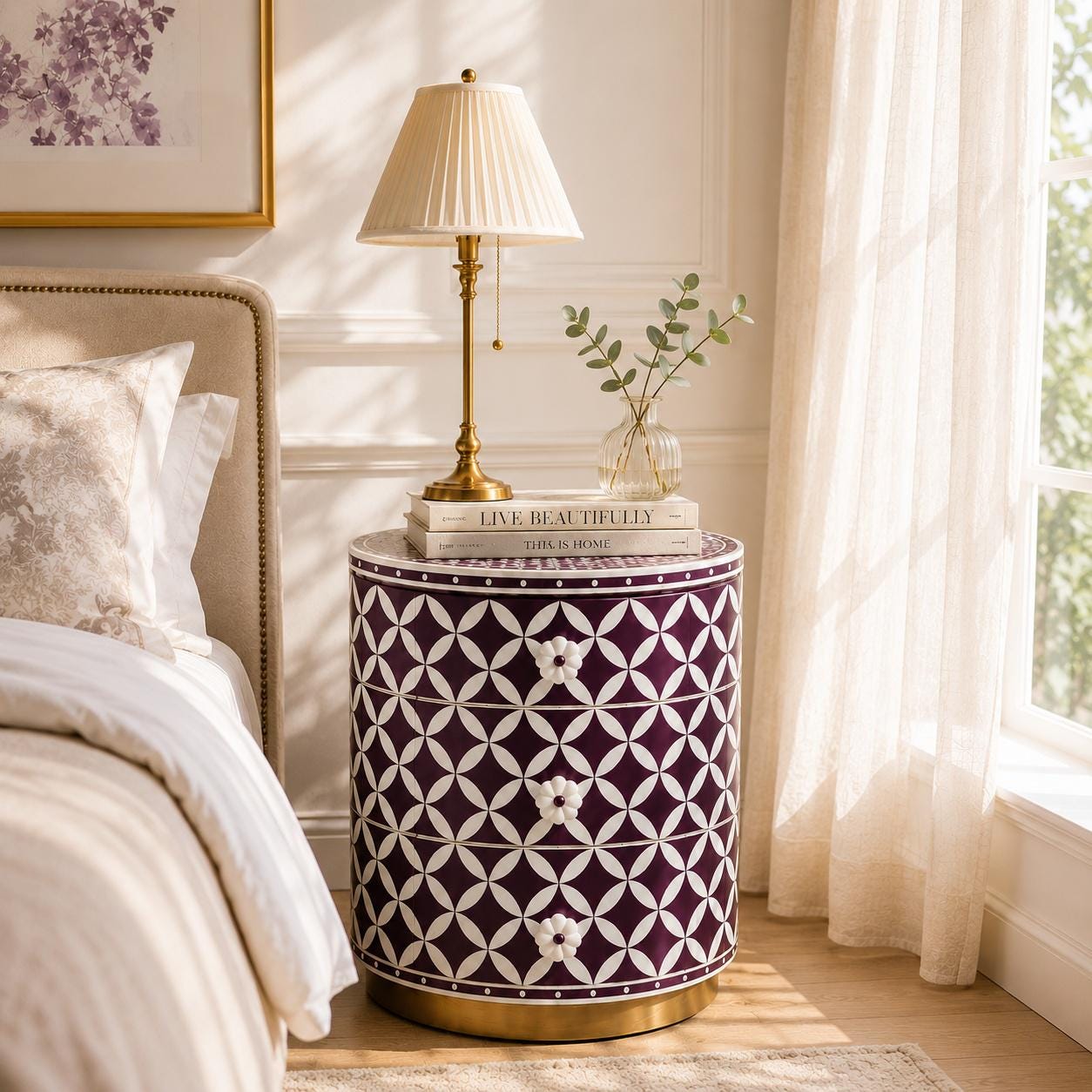 Round Bone Inlay Nightstand | Purple Moroccan 3-Drawer Table