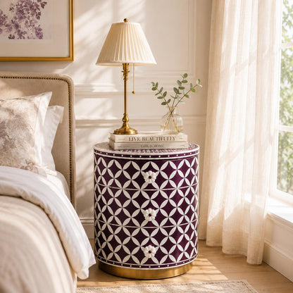 Round Bone Inlay Nightstand | Purple Moroccan 3-Drawer Table