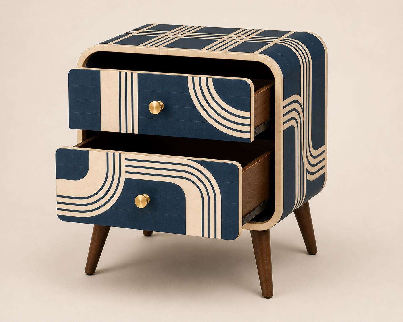 Art Deco Bone Inlay Nightstand, Navy Blue Curved Line Two Drawer Bedside Table, Brass Knobs, Walnut Legs