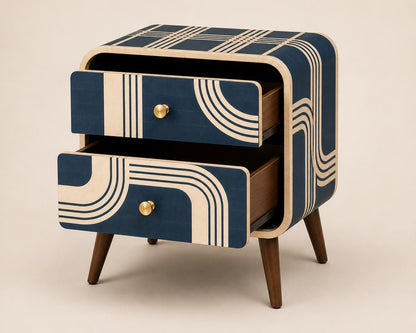 Art Deco Bone Inlay Nightstand, Navy Blue Curved Line Two Drawer Bedside Table, Brass Knobs, Walnut Legs