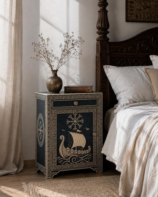 Navy Bone Inlay Nightstand | Nautical Bedside Cabinet with Door