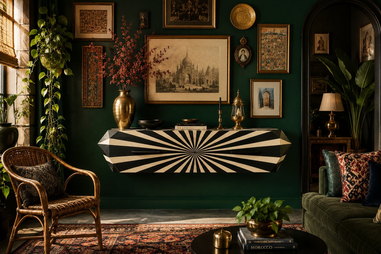 Bone Inlay Floating Console Table | Black & White Sunburst