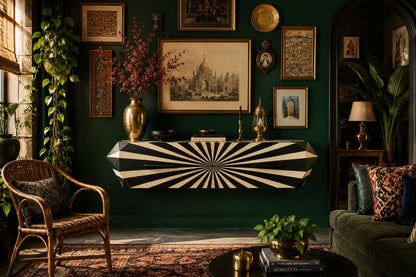 Bone Inlay Floating Console Table | Black & White Sunburst