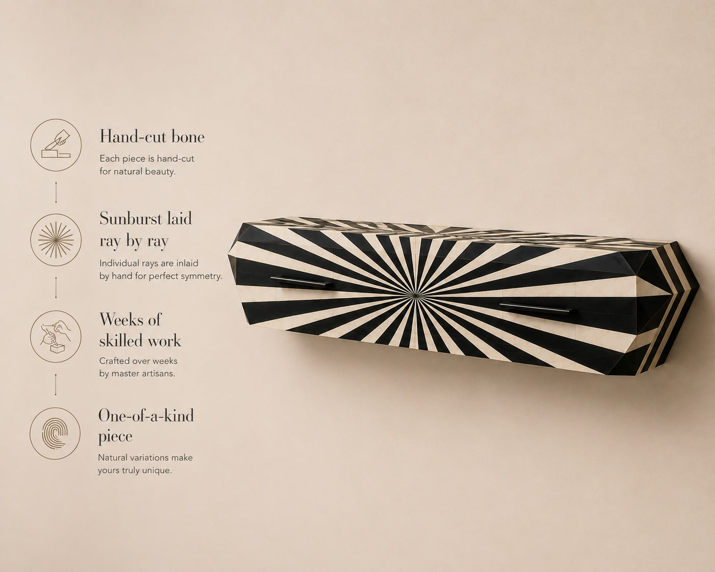 Bone Inlay Floating Console Table | Black & White Sunburst