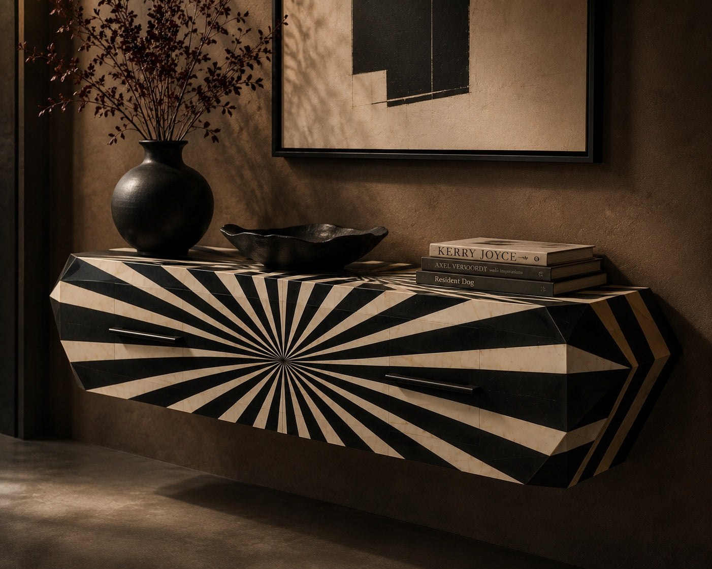 Bone Inlay Floating Console Table | Black & White Sunburst