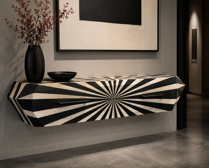 Bone Inlay Floating Console Table | Black & White Sunburst