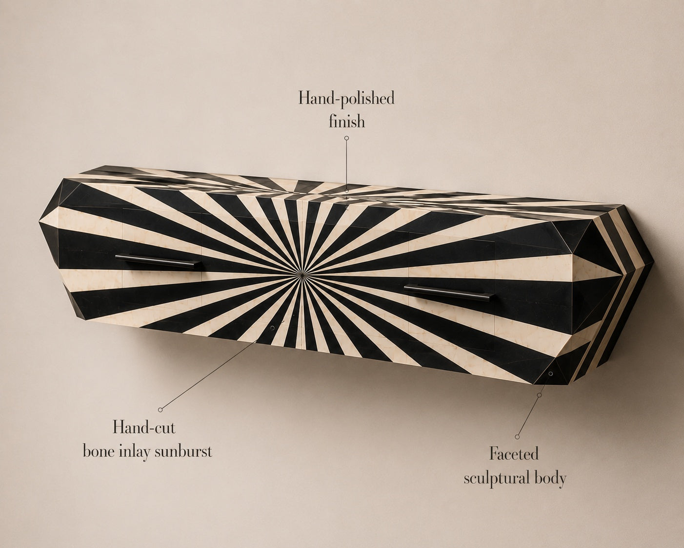 Bone Inlay Floating Console Table | Black & White Sunburst