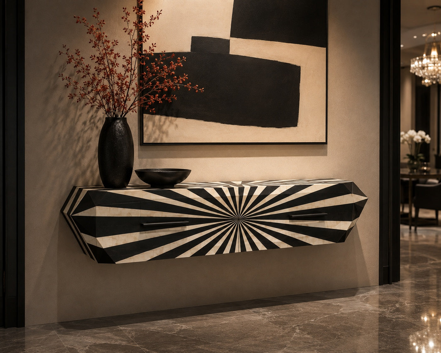 Bone Inlay Floating Console Table | Black & White Sunburst